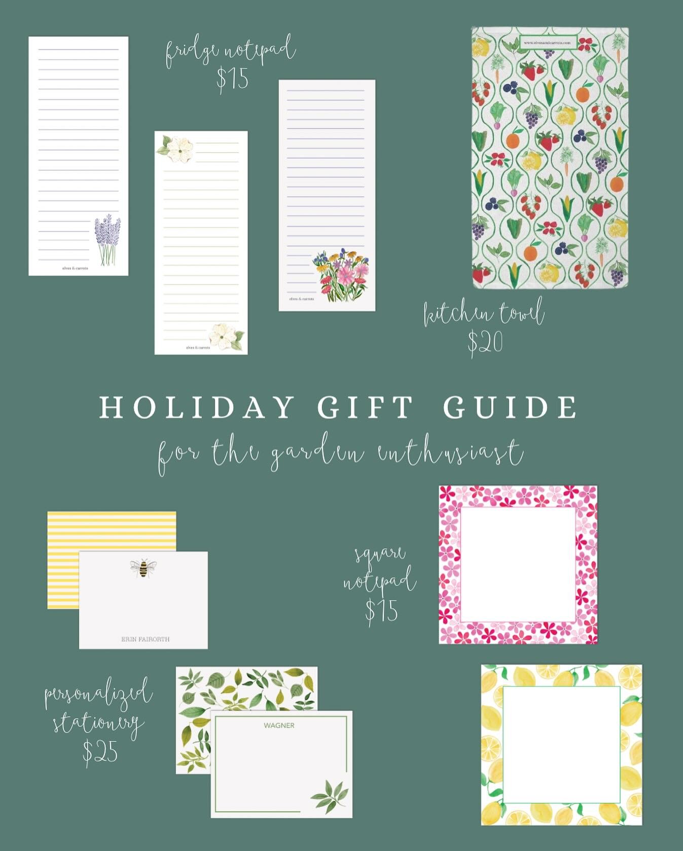 Have a gardener in your life?? 🥬🍄🫛🥒🪴🌷We have the perfect stocking stuffers for them! 

Shop our custom stationery, notepads, and towels with the link in our bio 🤍