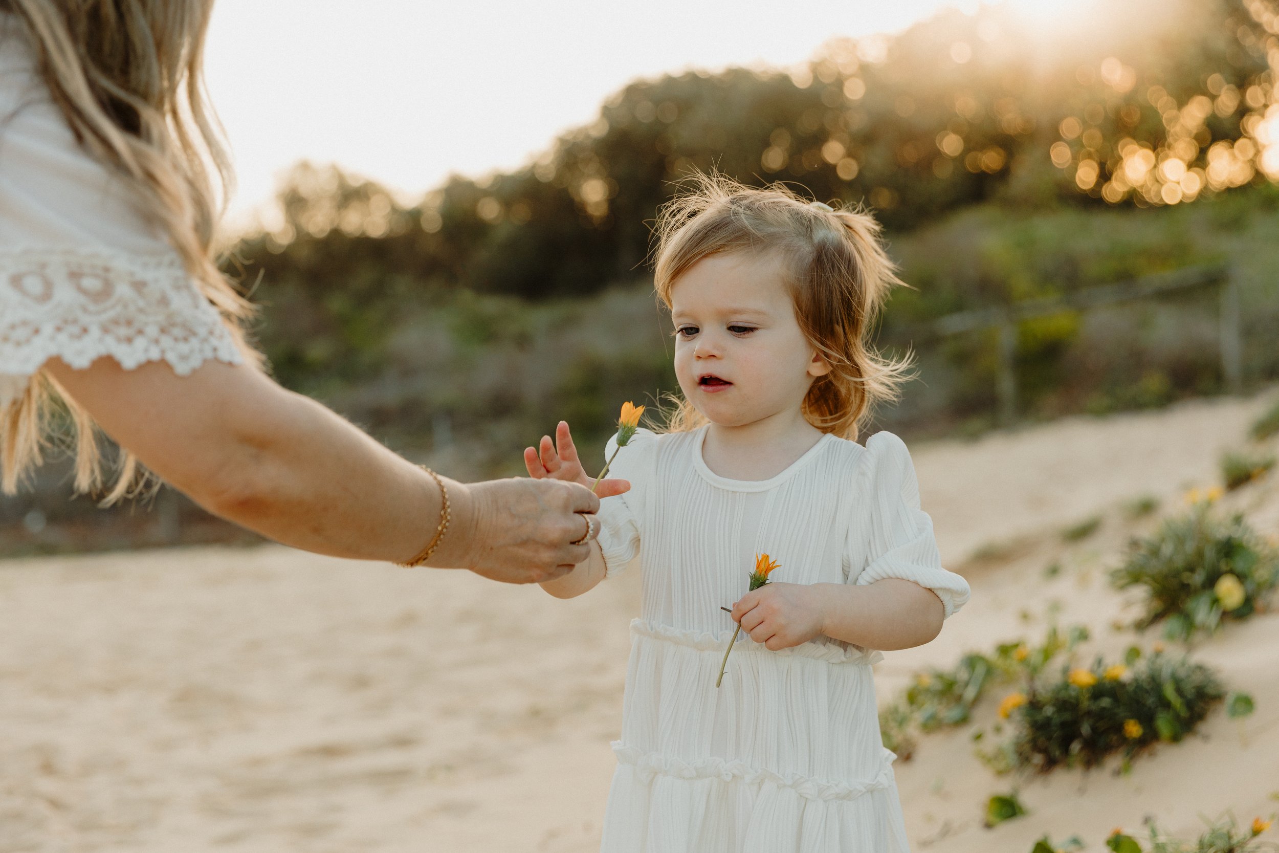 A young girl with curly red hair in a white dress receiving a flower from an adult woman on a sandy outdoor beach at sunset.