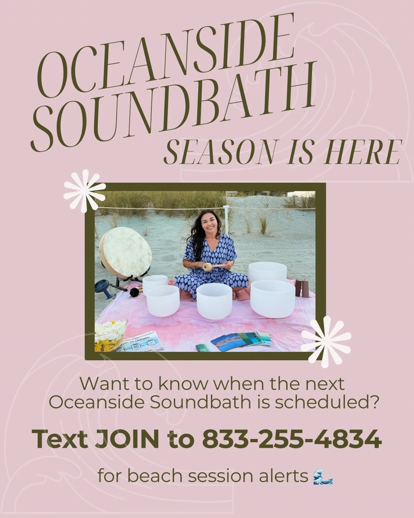 Oceanside Soundbath season is here. 🌊✨

Beach sessions are always weather dependent, so they&rsquo;re usually announced 3-7 days in advance when the forecast lines up.

If you&rsquo;d like to know when the next one is scheduled, the best way is to j