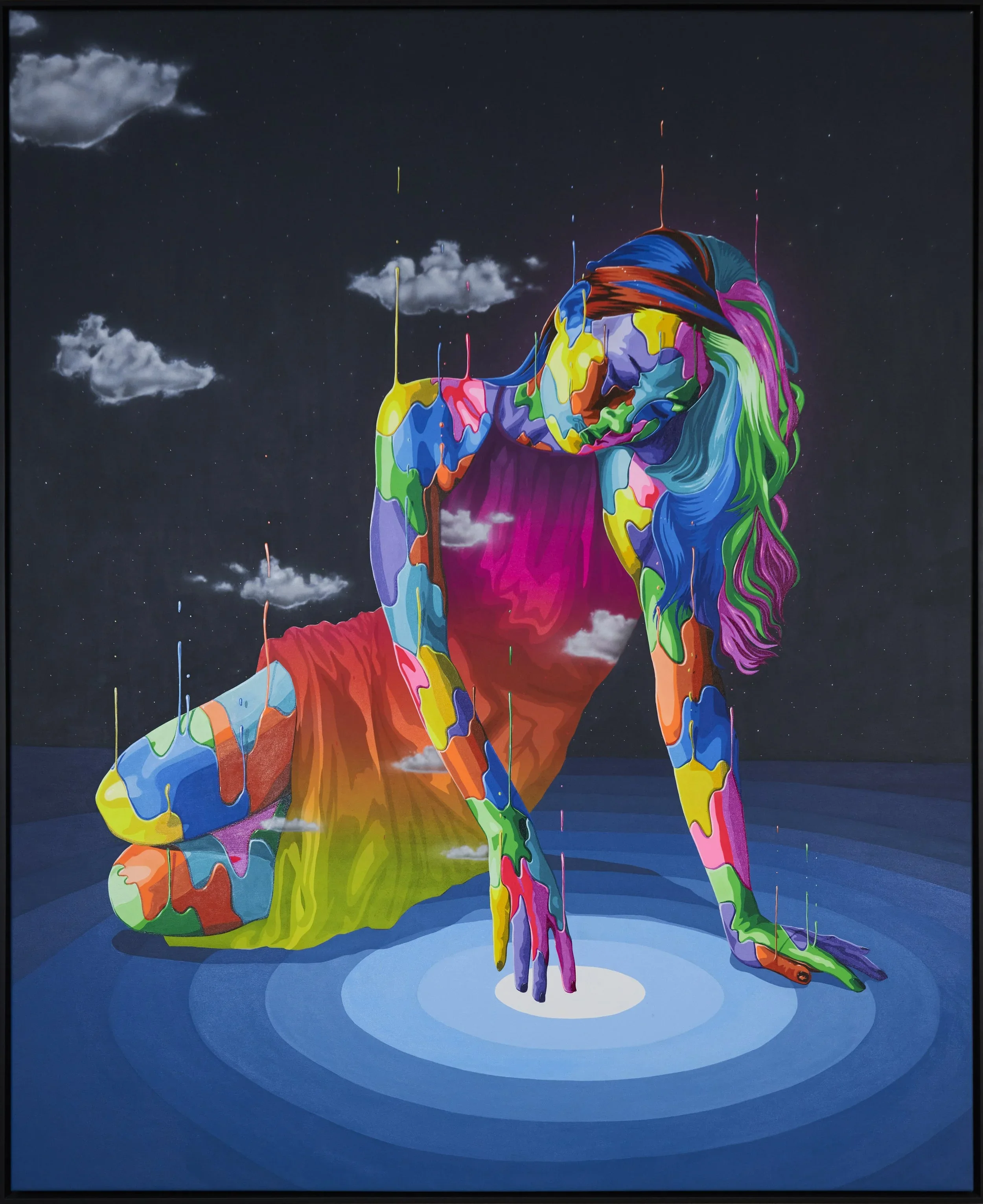 Colorful, abstract painting of a person sitting in a reflective pose, with vivid paint drips and splashes, set against a dark starry sky with clouds.