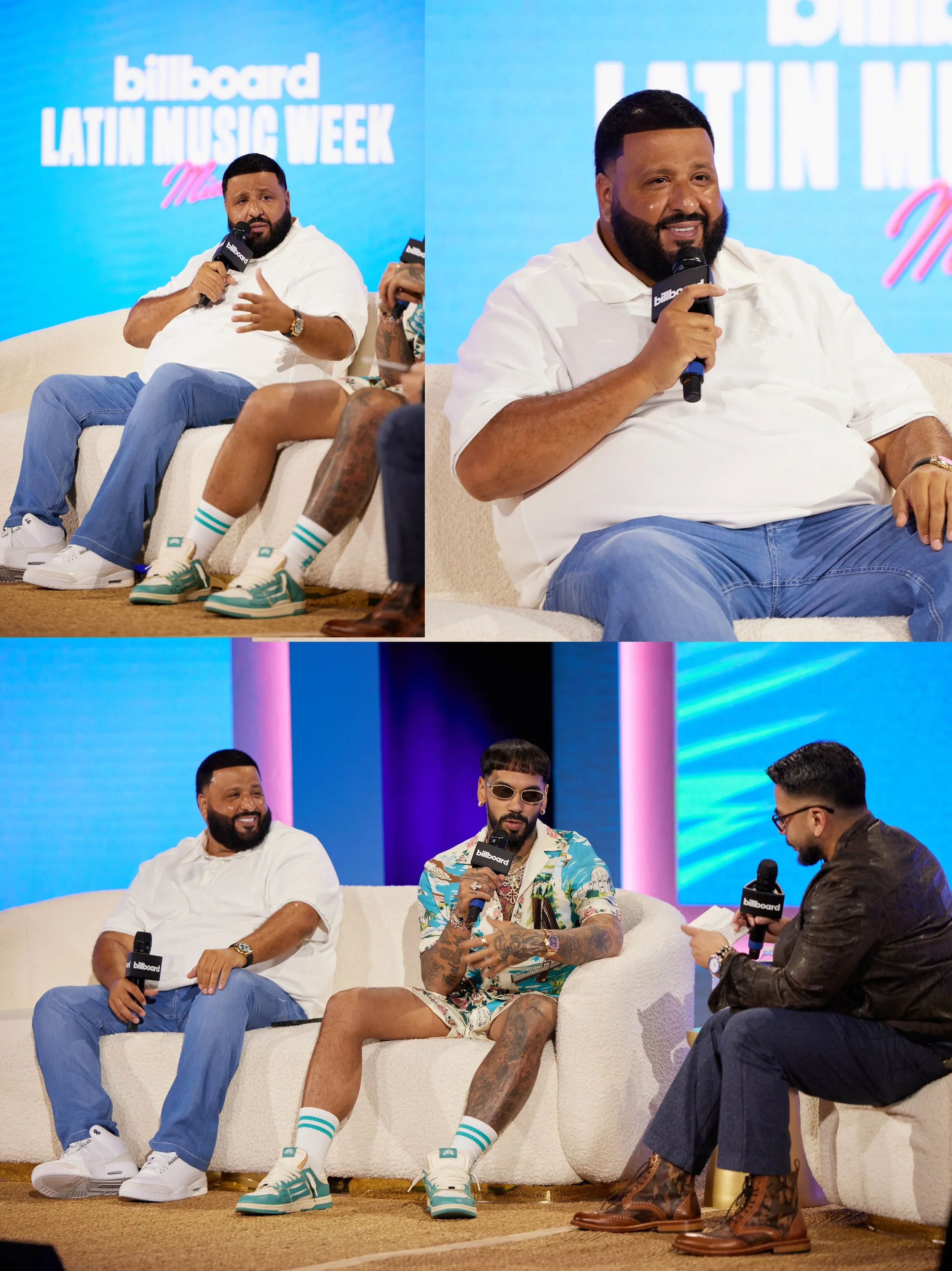 Group of four men sitting on a white couch during a panel discussion at Billboard Latin Music Week, holding microphones with the Billboard logo, with a blue background and bright stage lighting.