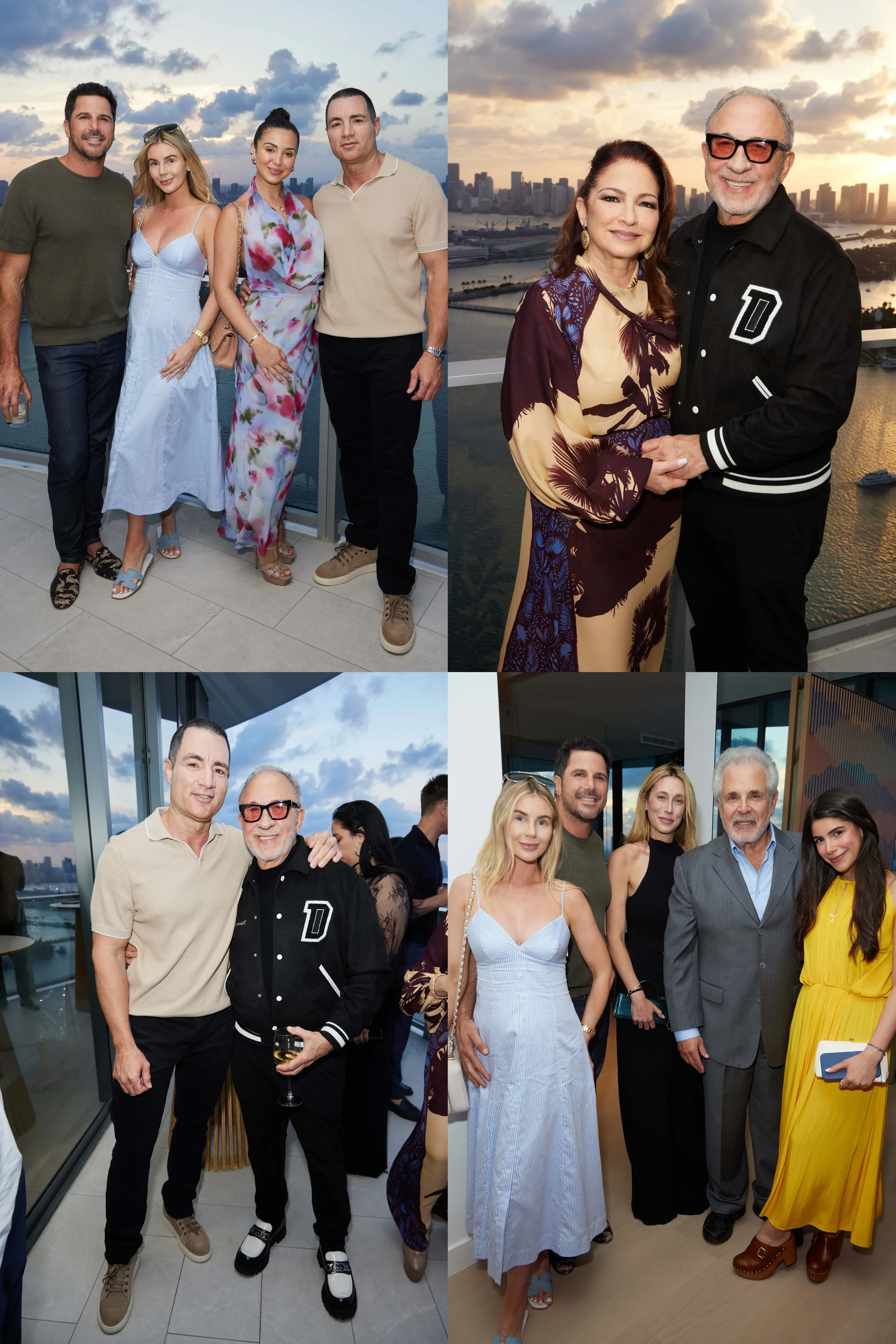 Collage of four groups of people at an outdoor rooftop event in the city during sunset. Top left: four friends in casual to semi-formal attire, posing with a city skyline background. Top right: a middle-aged couple holding hands, smiling with a sunse