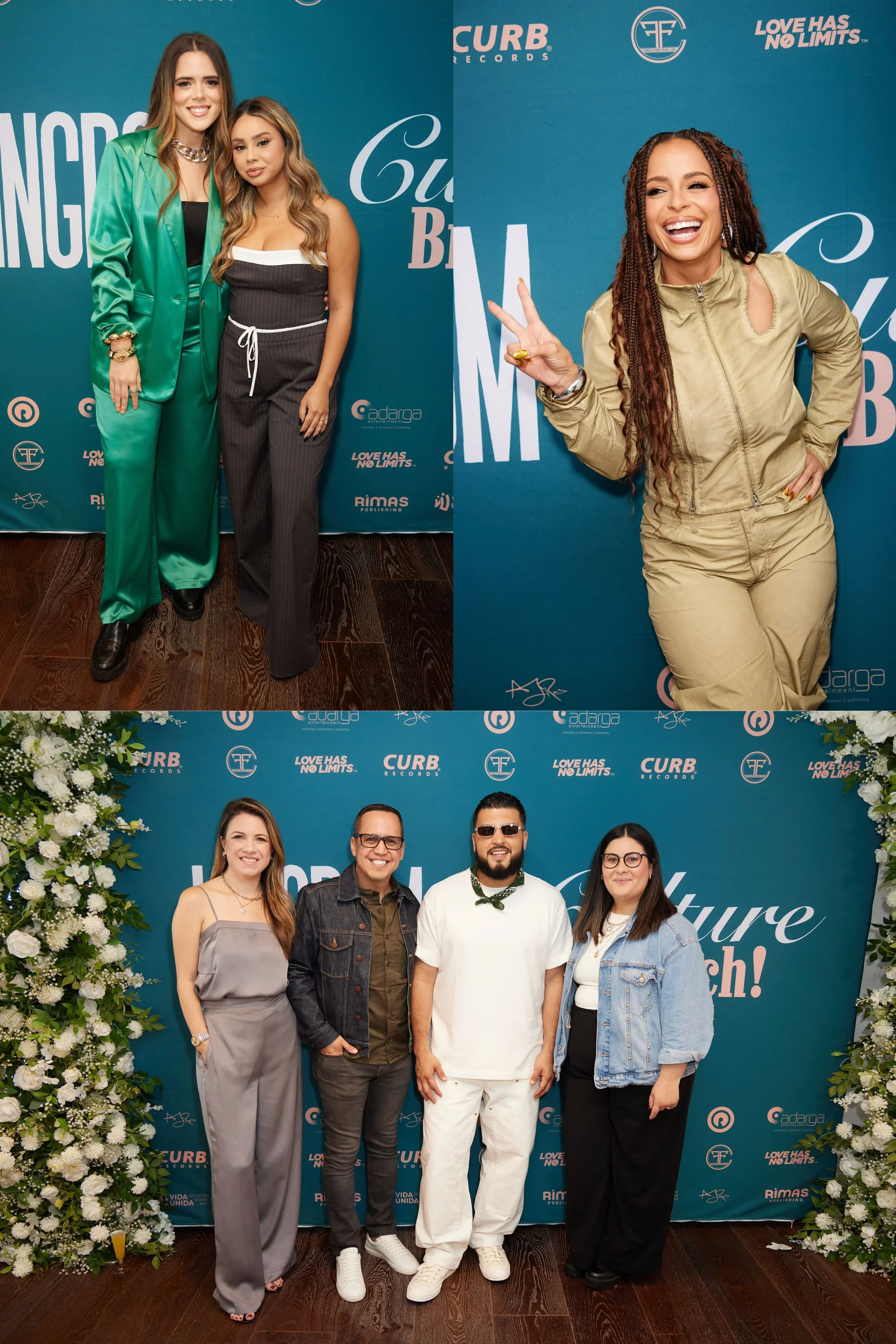 Two groups of four people each, three women and one man in the middle, standing together at an event with a blue backdrop that has logos and the phrase "Love has no limits." The first group has two women, one in a green satin suit and the other in a 