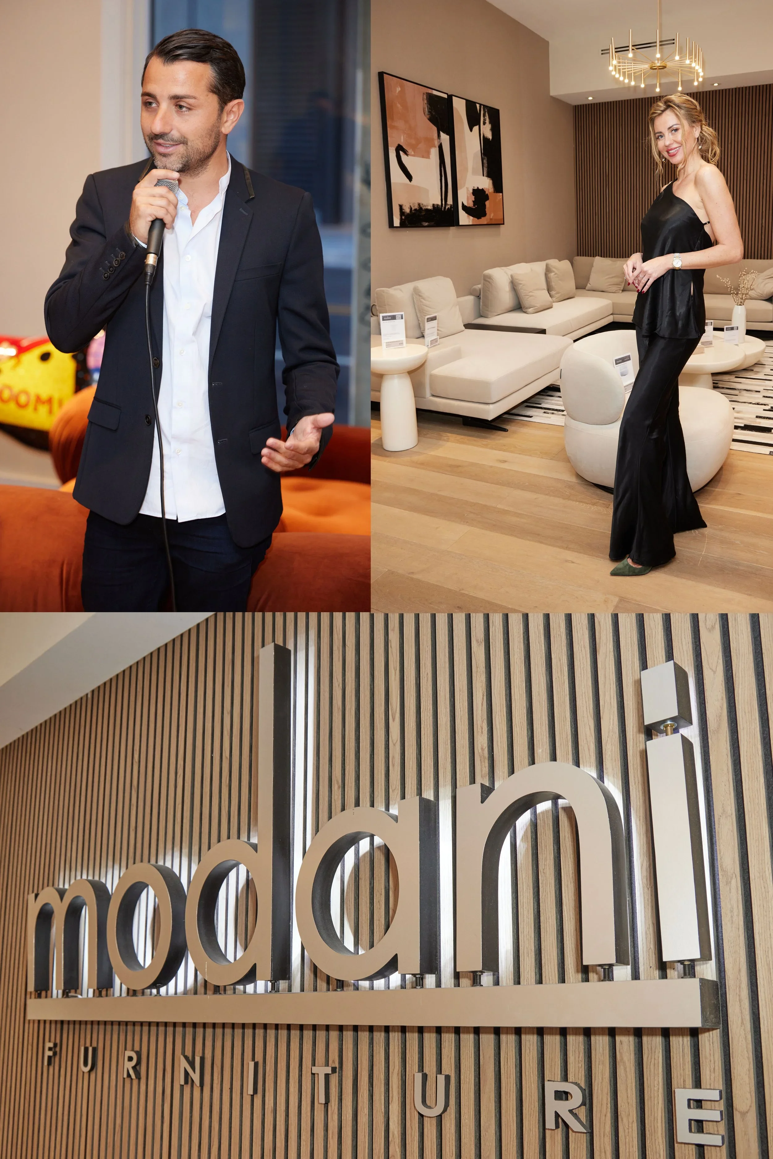 A man in a dark suit holding a microphone, and a woman in black satin clothing standing in a modern lounge with beige sofas and abstract wall art. A large gold chandelier hangs overhead. In the second part of the image, a close-up of a wall with vert