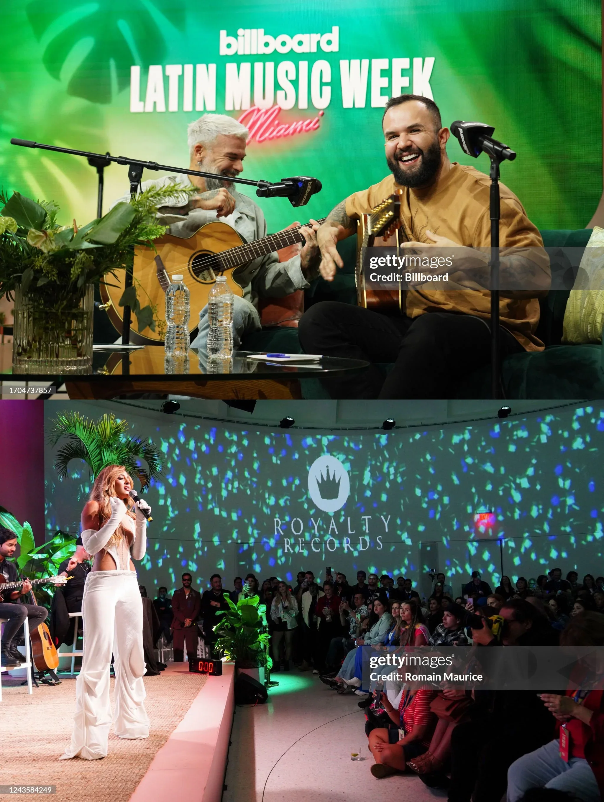 Two musicians performing on stage at the Latin Music Week event in Miami, with a vibrant green backdrop. One is playing an acoustic guitar, the other is singing into a microphone. Audience members are watching attentively.