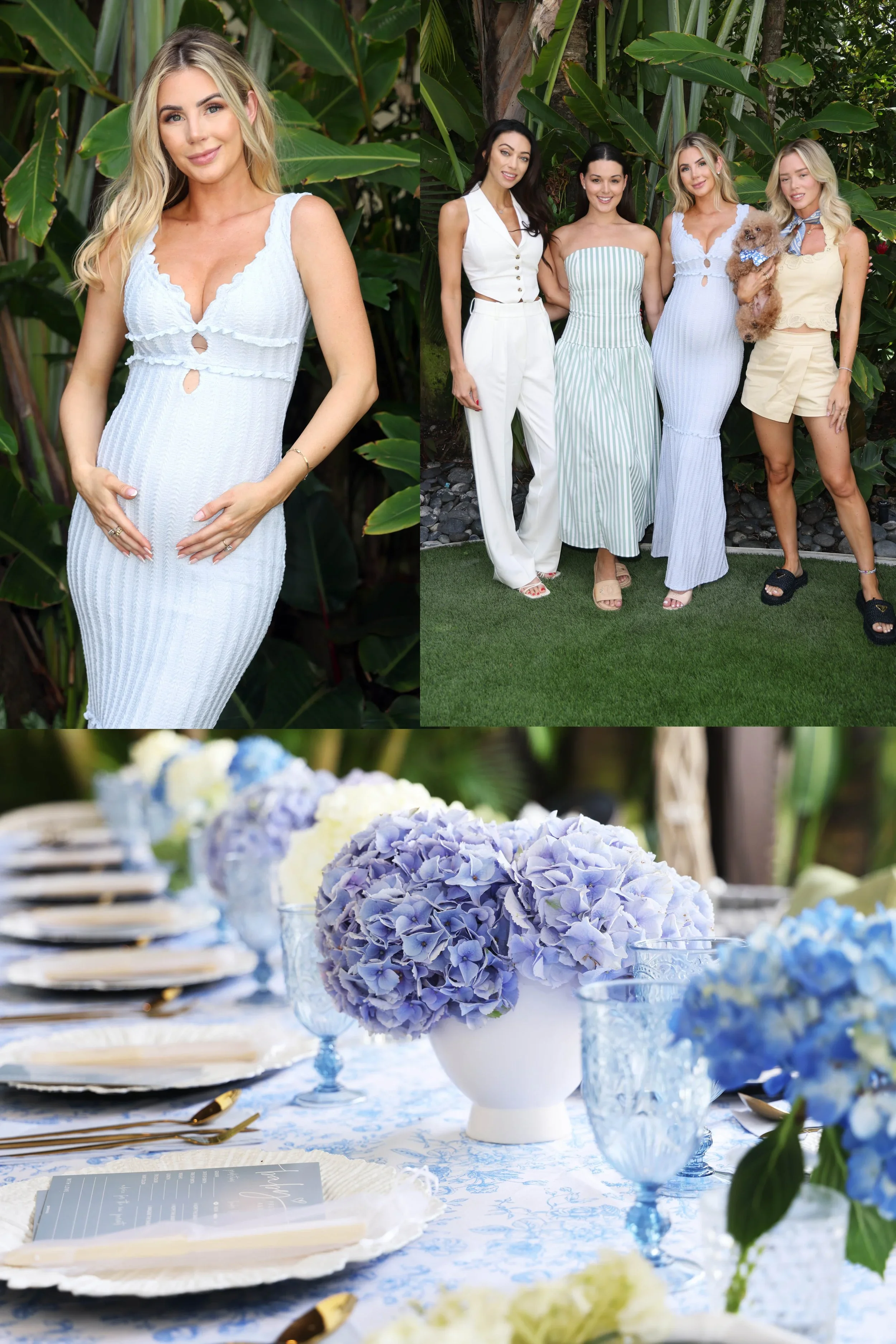 A group of four women and a small dog standing outdoors in front of large green plants, dressed in summery outfits. The table below is decorated with a floral centerpiece of blue hydrangeas, glassware, plates, and cutlery, set for a gathering or cele