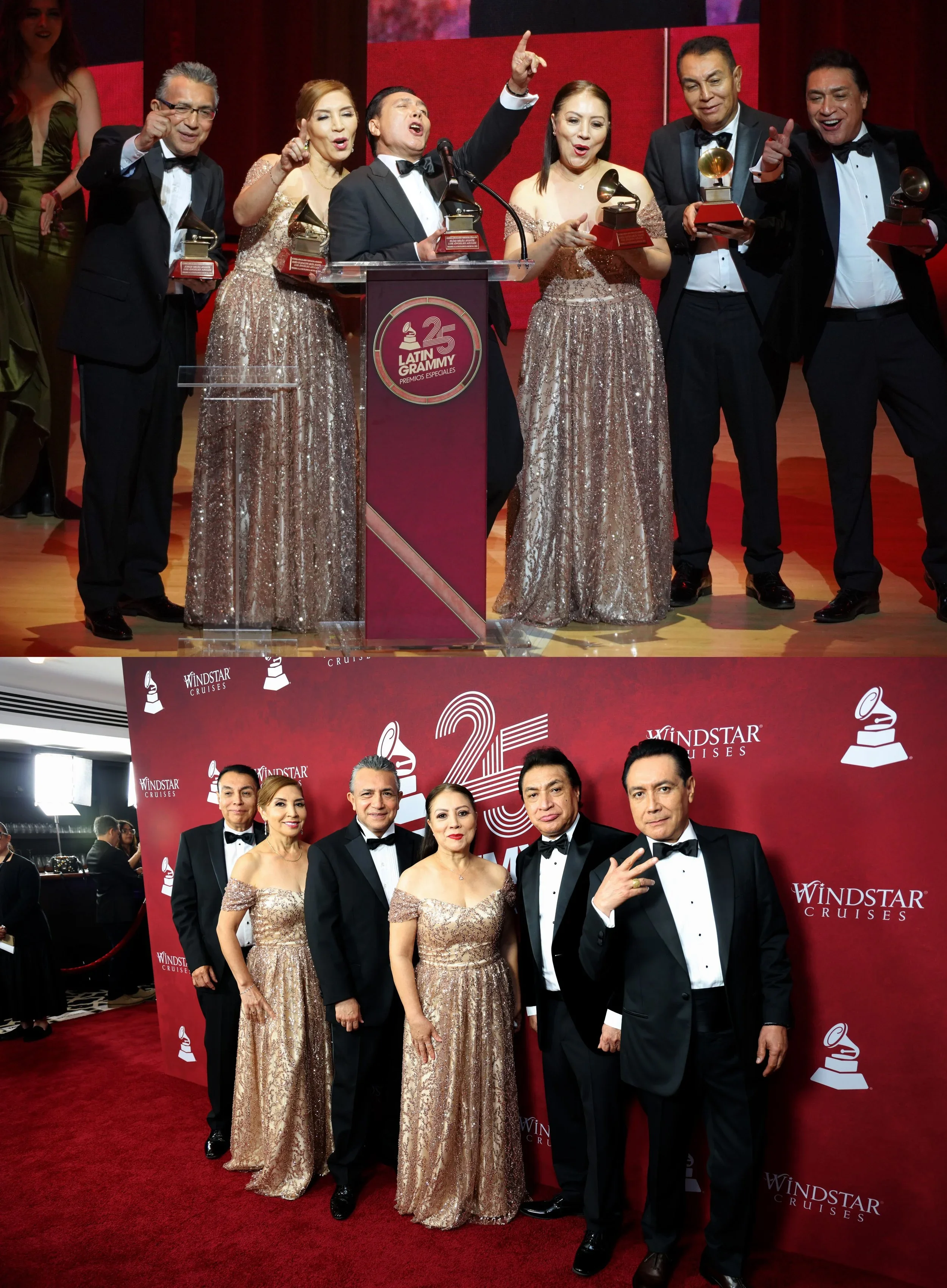 Group of people dressed in formal attire, holding Latin Grammy awards, posing on a red carpet with a backdrop that says Windstar Cruises and Latin Grammy.