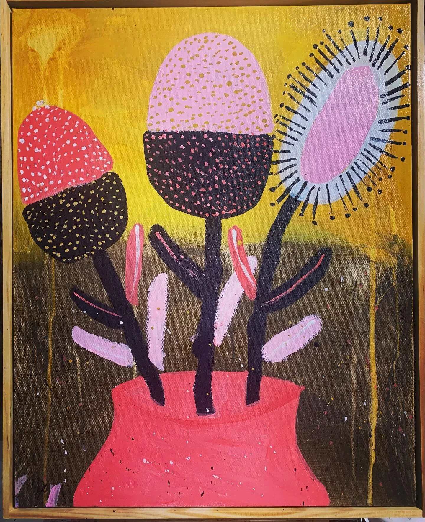 More fun naive painting to finish off the day
#acrylic painting 
#pink
#australianart 
#fun 
#natives
#framing