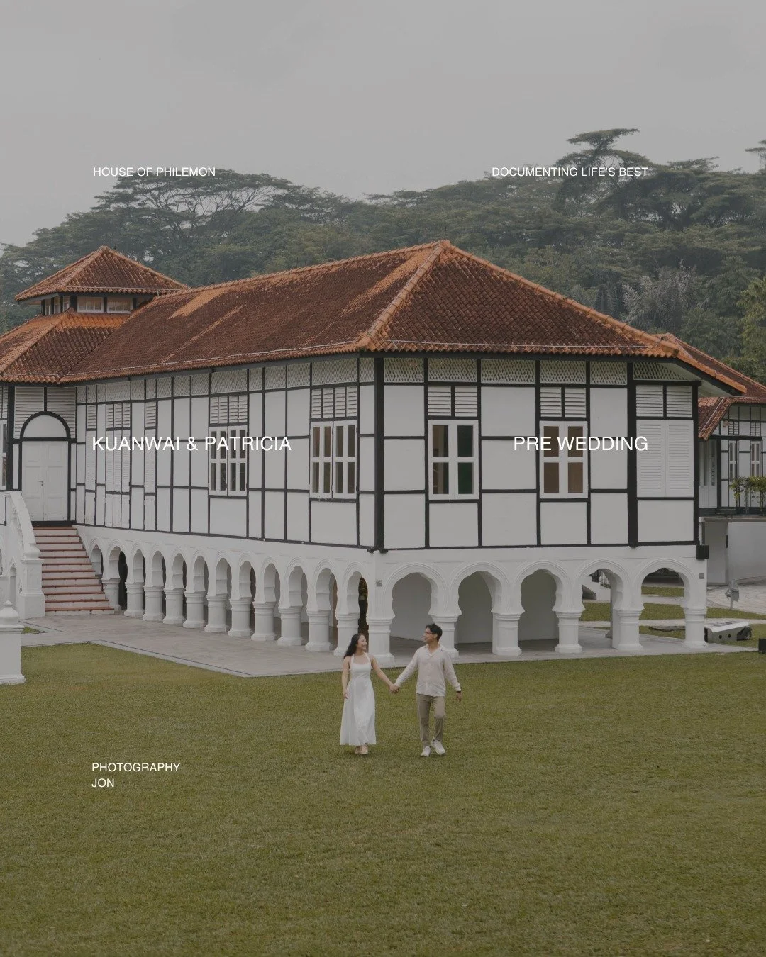a quiet afternoon beneath the old white arches.
kuanwai and patricia, walking hand in hand, finding little reasons to laugh along the way.
a kiss in the corridor, a playful moment on the stairs, and the occasional pause beneath the trees.
nothing ela