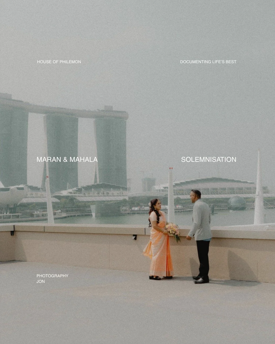 the bouquet was almost as bright as mahala's smile.
mahala and maran, sharing a few laughs and an occasional cheeky moment around the registry, with the singapore skyline quietly sitting behind them.

from the solemnisation room to the open terrace, 