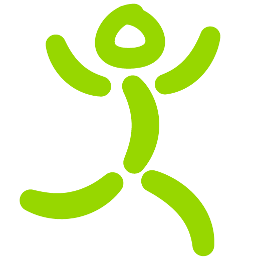 Colorful abstract figure with five curved lines forming a person shape, including blue, green, red, purple, and yellow segments.