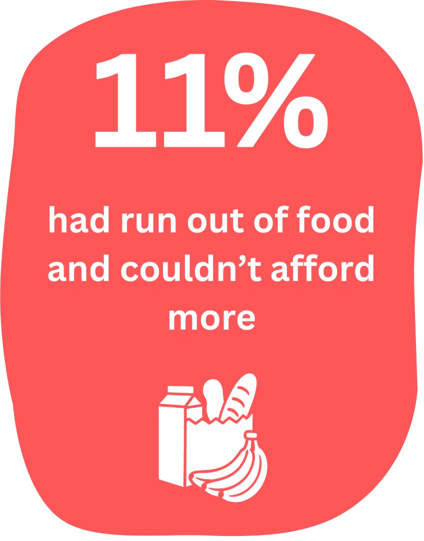 Red background with white text stating "11% had run out of food and couldn't afford more," accompanied by a simple white illustration of a grocery bag with bread, bananas, and a carton of milk.