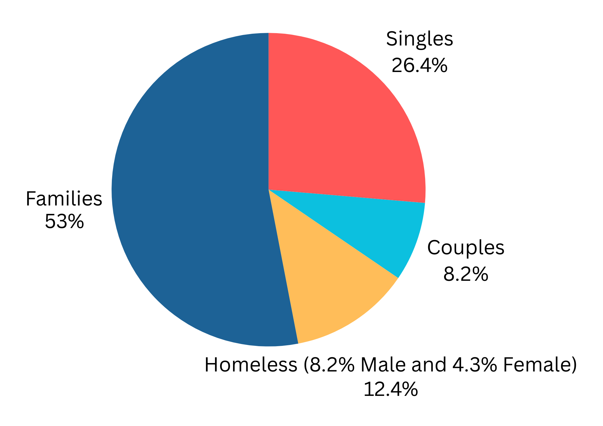 Pie chart showing the distribution of different household types. The largest segment is Families at 53%, followed by Singles at 26.4%, Homeless at 12.4%, Couples at 8.2%, with homeless also broken down into 8.2% male and 4.3% female.
