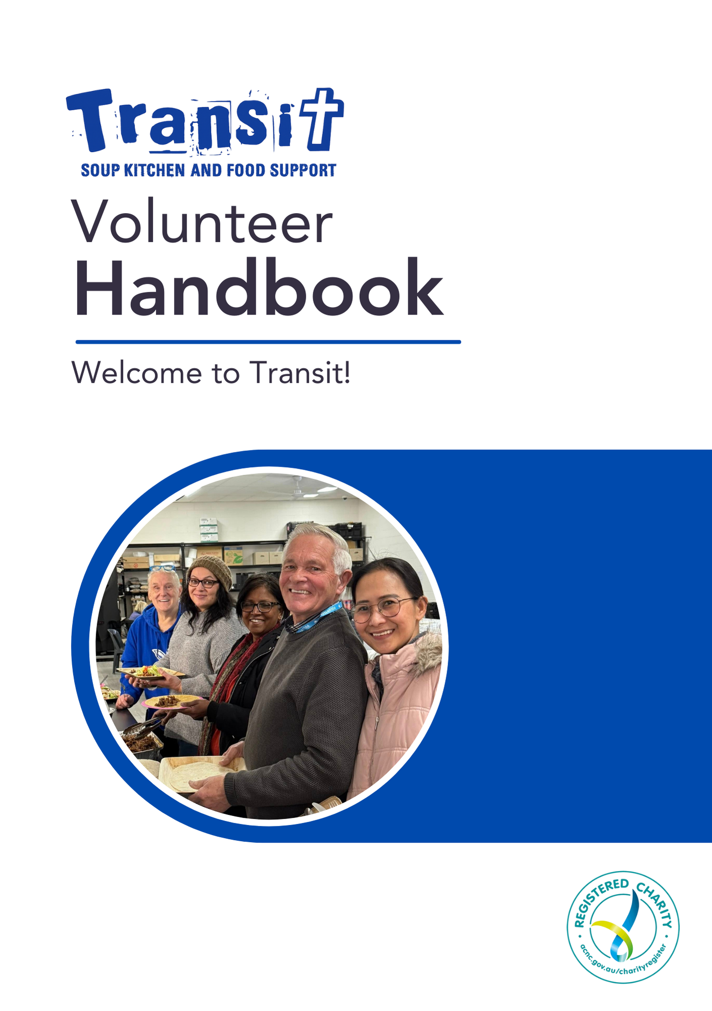Cover of Transit Volunteer Handbook featuring a group of diverse volunteers serving food in a kitchen, with a charity registration badge at the bottom right.
