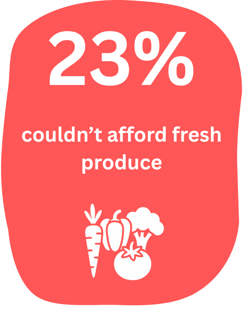A red speech bubble with white text stating that 23% of people couldn't afford fresh produce, accompanied by illustrations of a carrot, a bell pepper, a broccoli floret, and a tomato.