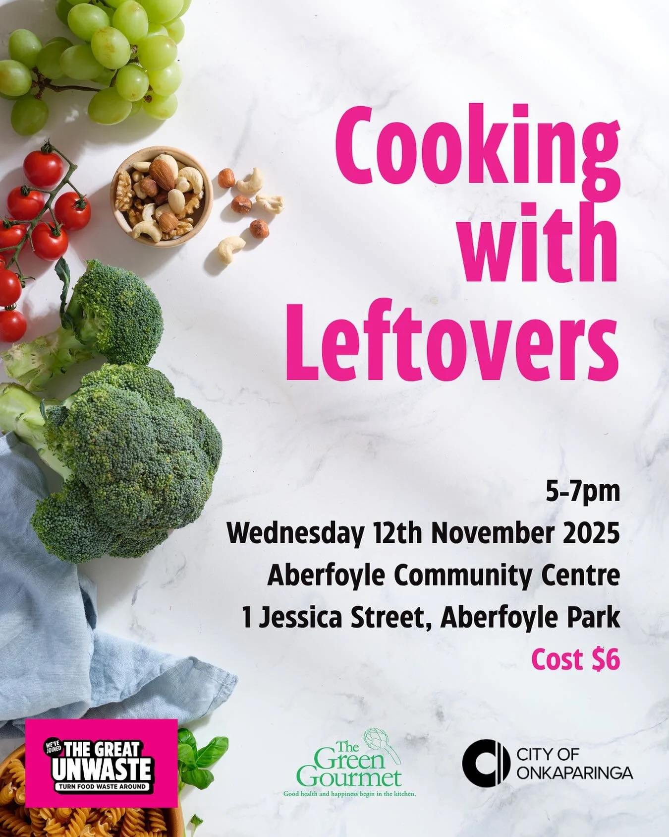 ♻️Join the leftovers revolution! ♻️
Think leftovers are boring? Think again! 
Join us for Cooking with Leftovers, a fun, hands-on @thegreatunwaste workshop.
You’ll learn how to:
🥦 Cook just the right amount
🍝 Turn leftovers into meals ever