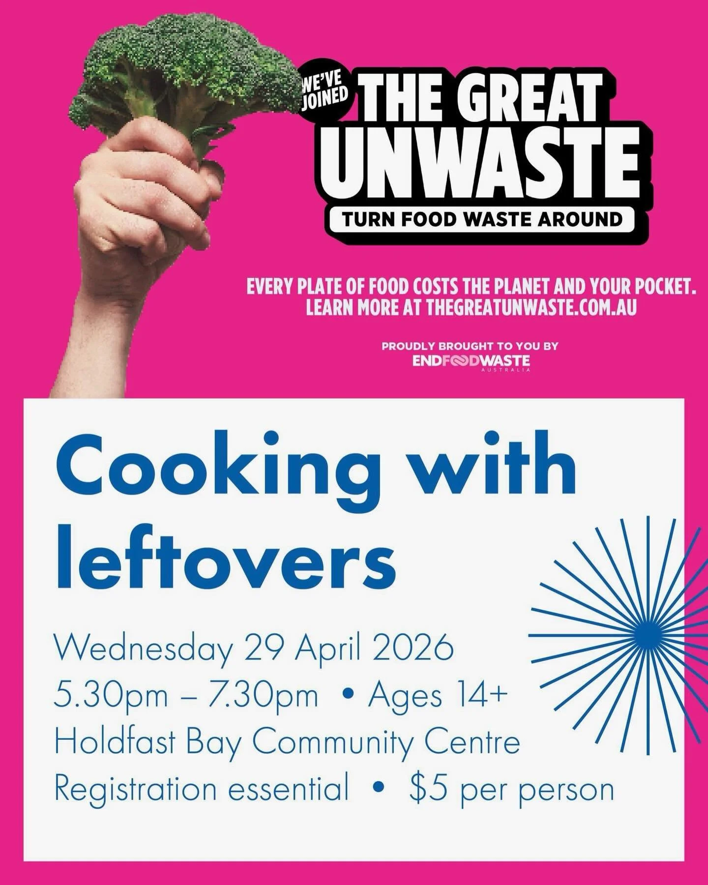 Thrilled to be hosting Cooking with Leftovers, the most popular of my Great Unwaste workshops, with City of Holdfast Bay. 

Come along for a fun and tasty evening of learning &ndash; and go home with new tools you can put straight to use - saving you