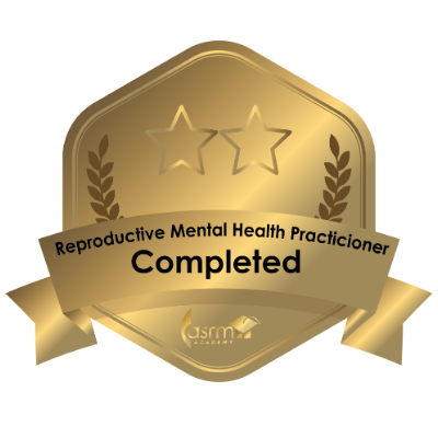 Gold badge with two stars at the top, laurel branches on each side, and a ribbon at the bottom with text indicating completion of Reproductive Mental Health Practitioner training by ASRM.