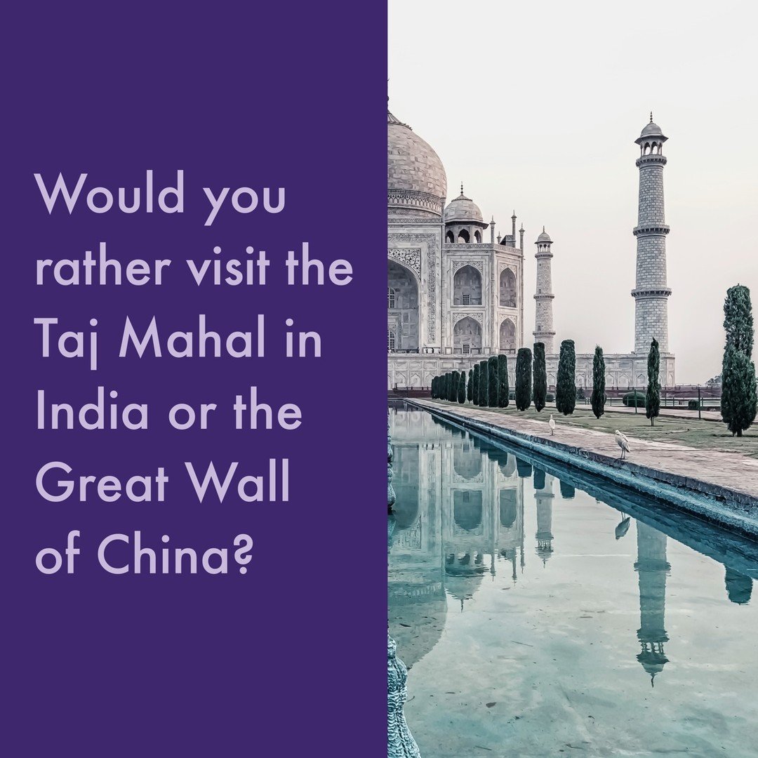 Two beautiful locations, one choice!🌠😍 Would you rather admire the timeless elegance of the Taj Mahal in India or walk along the ancient stones of the Great Wall in China? 🌎✨
.
.
.
#TravelDilemma #wondersoftheworld #bucketlistchoices #exploreasia 
