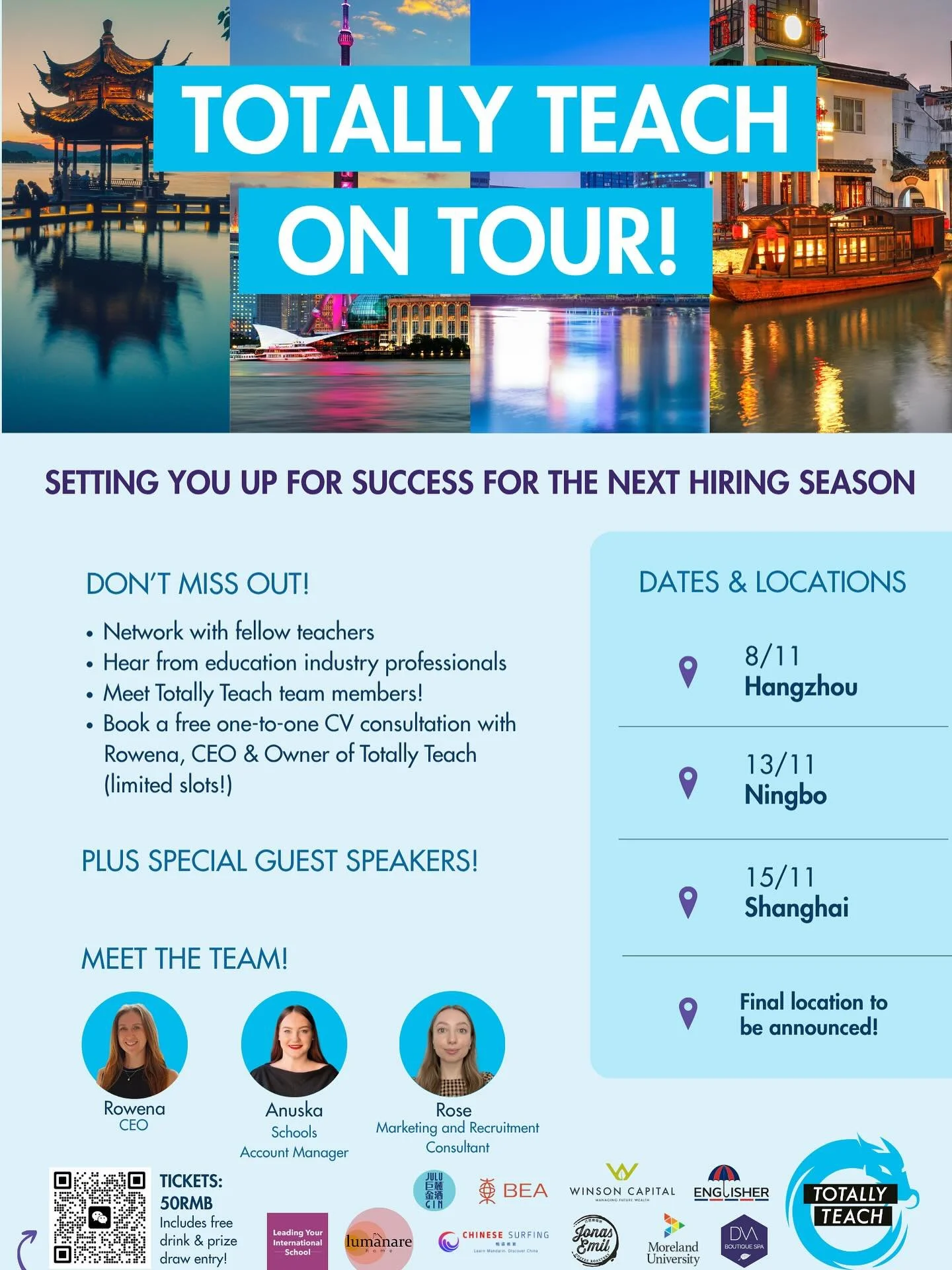 🚄WE’RE GOING ON TOUR! 🚄
Join us, for our networking events, designed to set you up for success for the next hiring season!
Meet the team, hear from industry expert guest speakers and meet fellow educators 🧑‍🏫 
First stop - HANGZHOU!