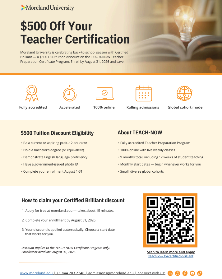 Limited-Time Discount On Moreland University’s TEACH-NOW Certificate
