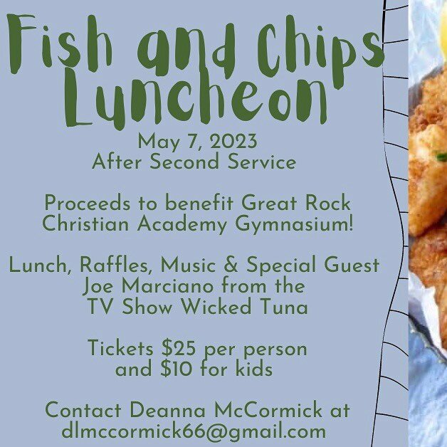 Join us today for fish and chips! Proceeds will help us build a gymnasium for GRCA!