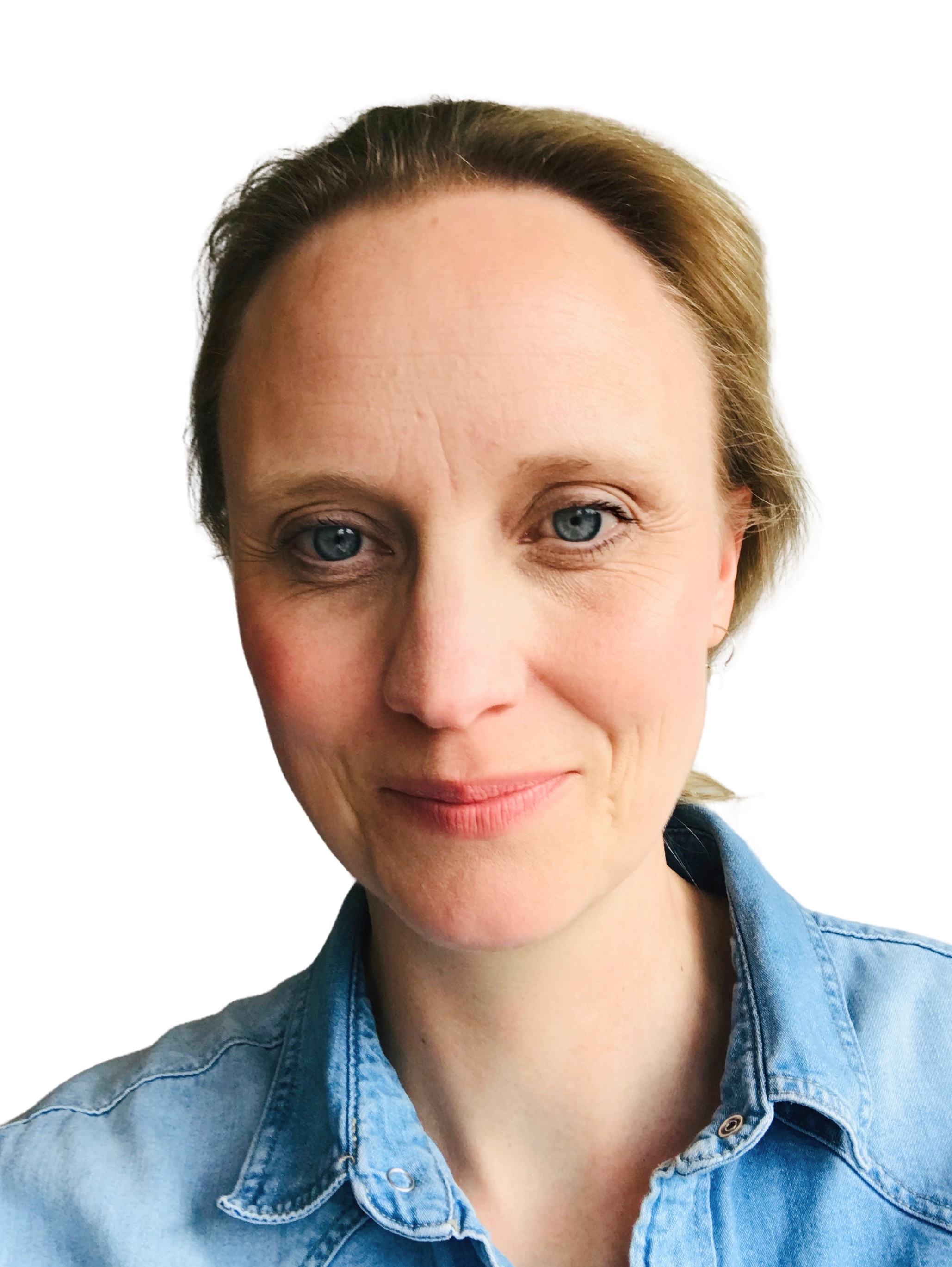 Jane Bruce headshot. Jane has blonde hair and is wearing a denim shirt.