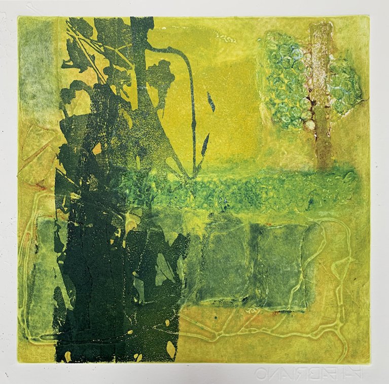 Green trees collagraph print