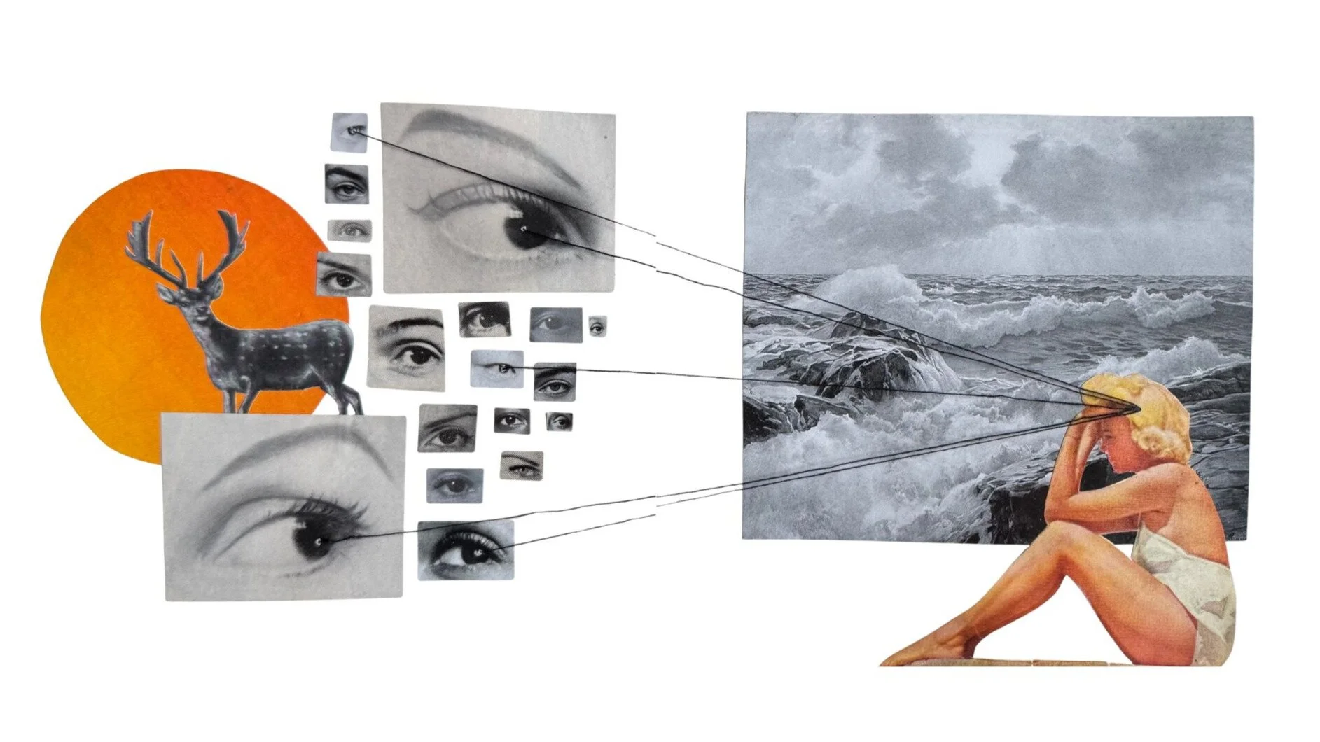 Collage of woman sitting next to ocean with protector and exile parts of Internal Family Systems therapy