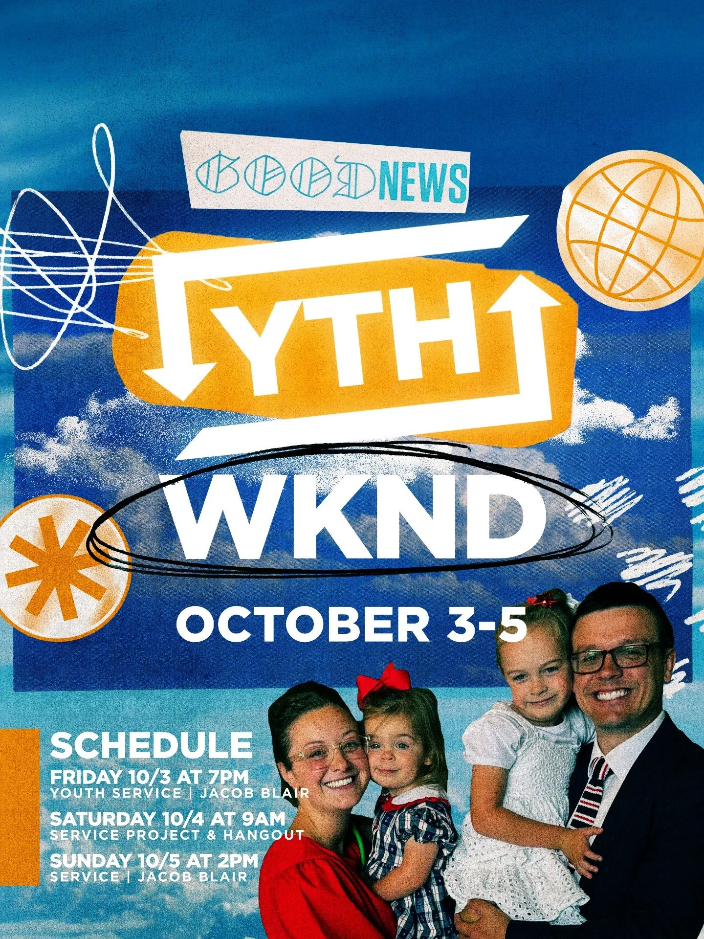 YTH WKND is here! 🙌
Tonight kicks off an incredible few days filled with worship, connection, and community.

📅 Schedule:
➡️ Friday 10/3 | 7PM &ndash; Youth Service with Jacob Blair
➡️ Saturday 10/4 | 9AM &ndash; Service Project &amp; Hangout
➡️ Su