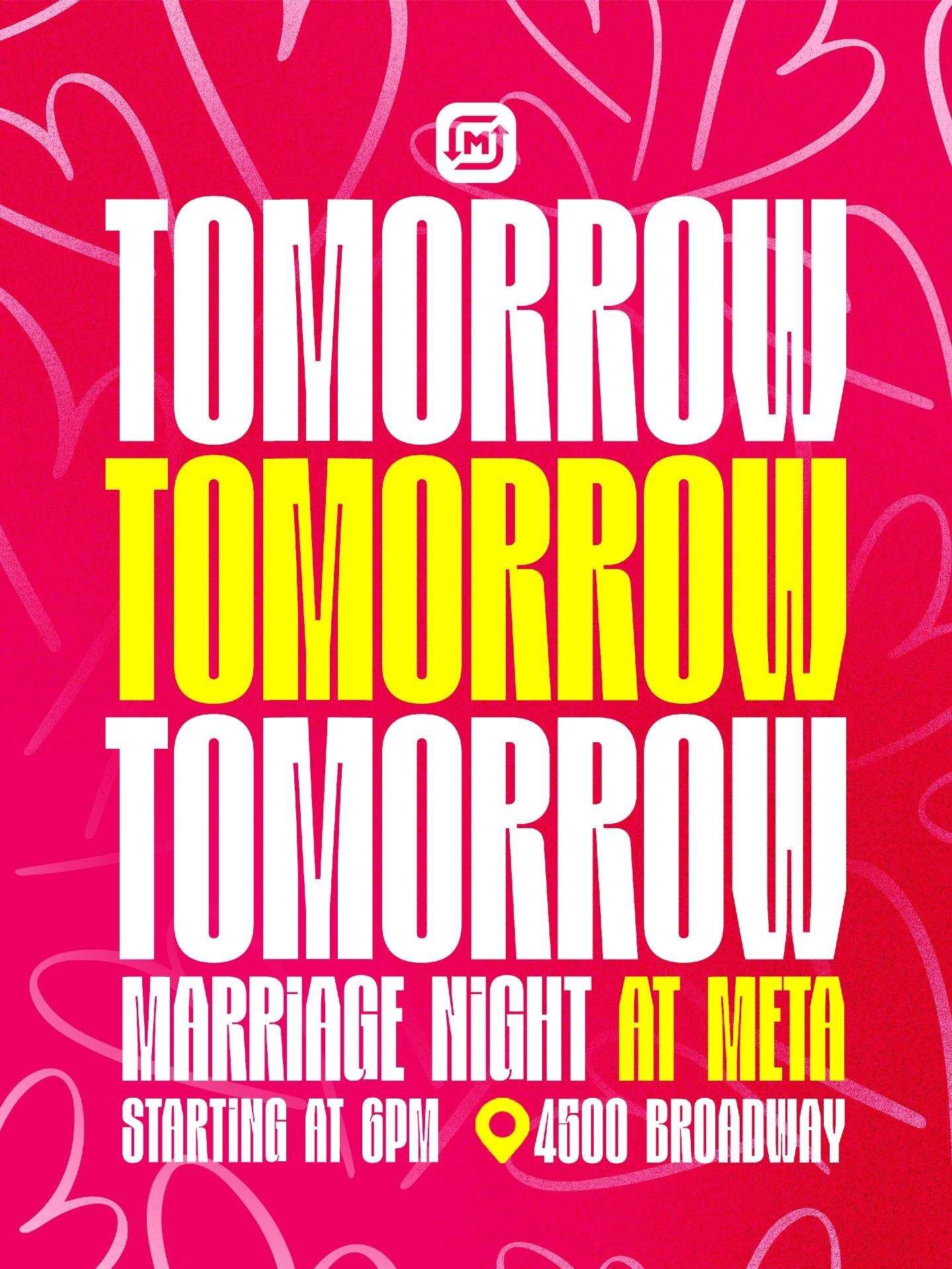 Marriage Night at Meta is happening tomorrow!

We can&rsquo;t wait to see you and your spouse for an amazing night together!

Starts at 6PM. Don&rsquo;t miss it.💛

#MarriageNight #MarriageAtMeta