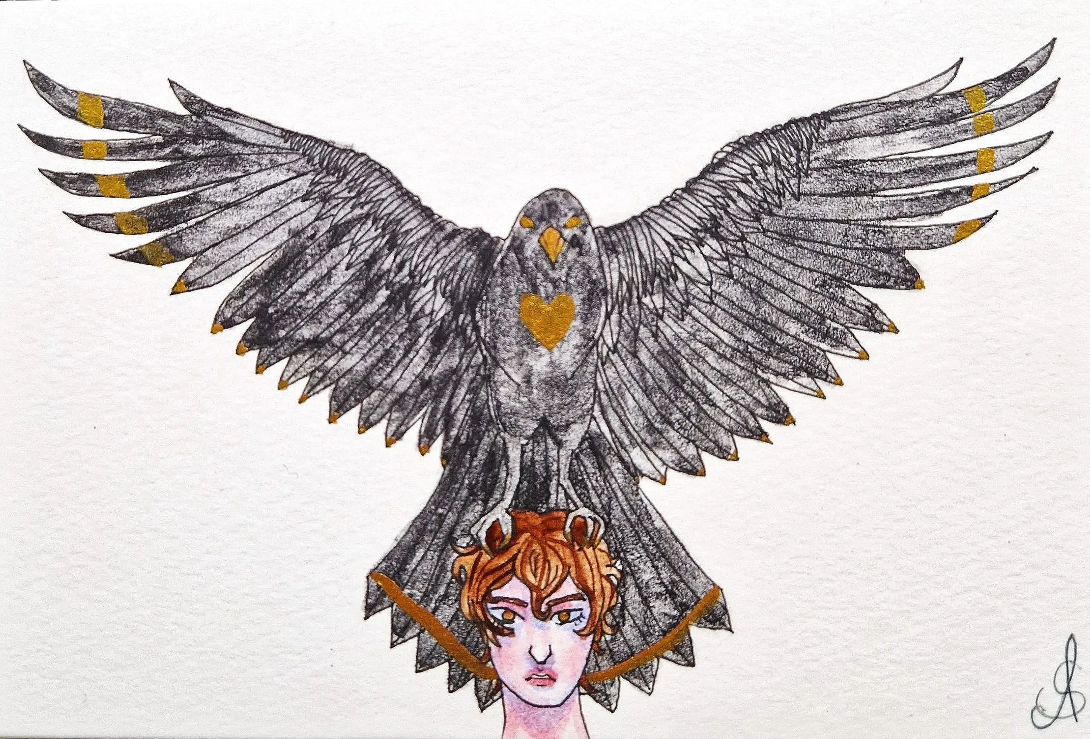 Bird Brain
 - Watercolour and metallic watercolour on watercolour canvas.