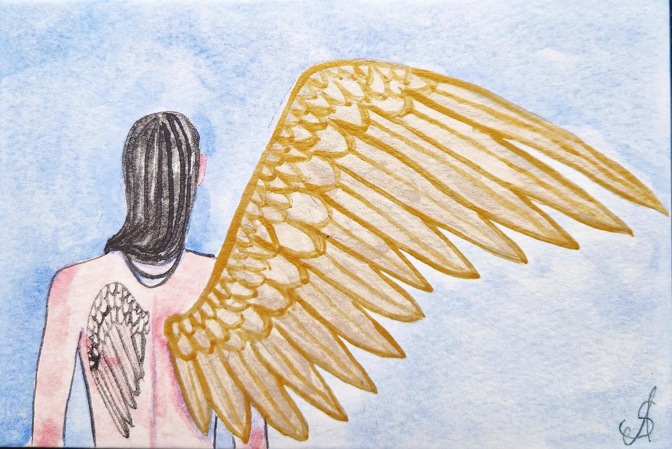 Wing Tattoo
 - Watercolour and metallic watercolour on watercolour canvas.