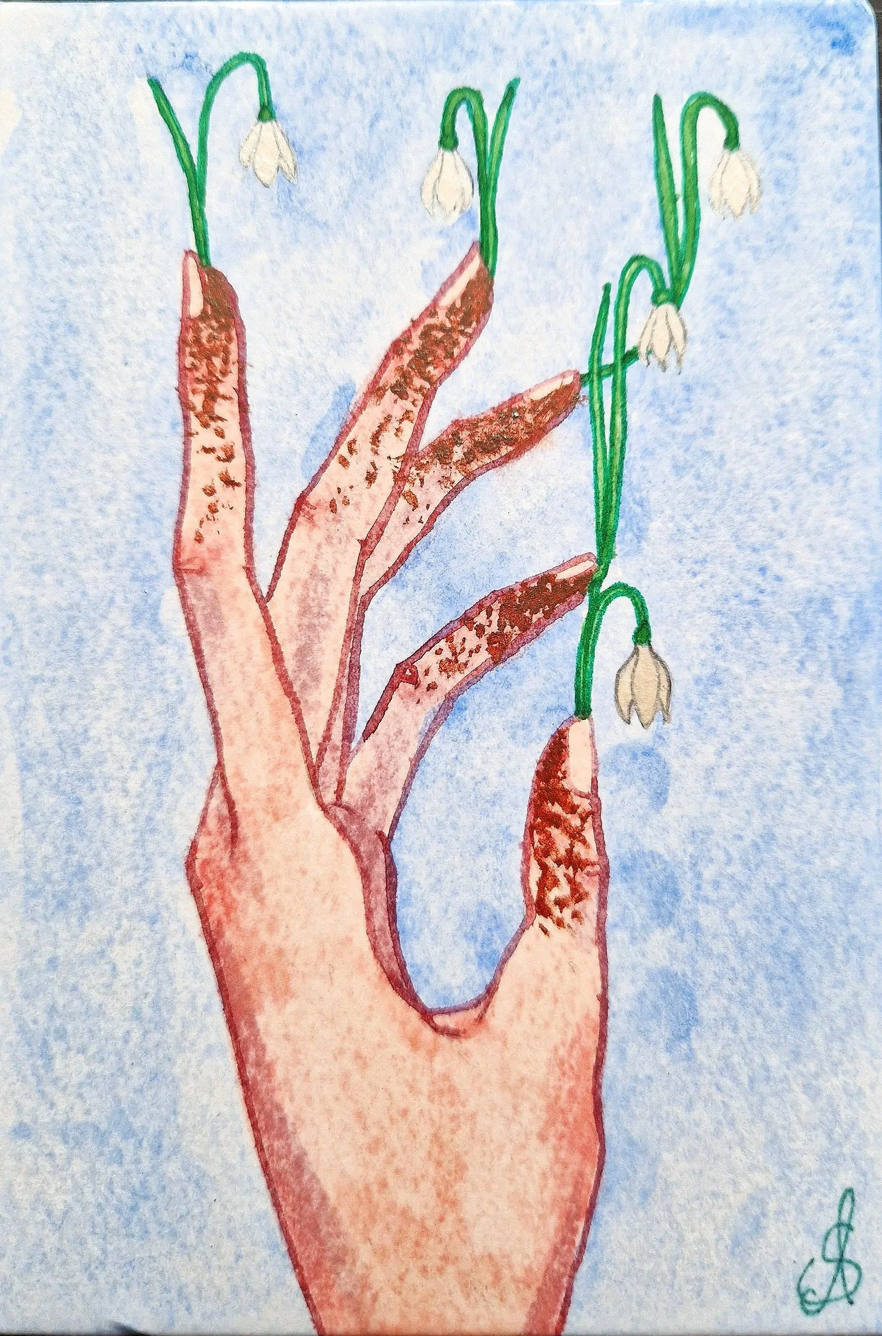Spring Fingers
 - Watercolour and metallic watercolour on watercolour canvas.