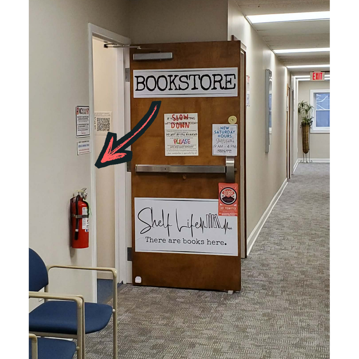 Look down the hall to the third door on the left