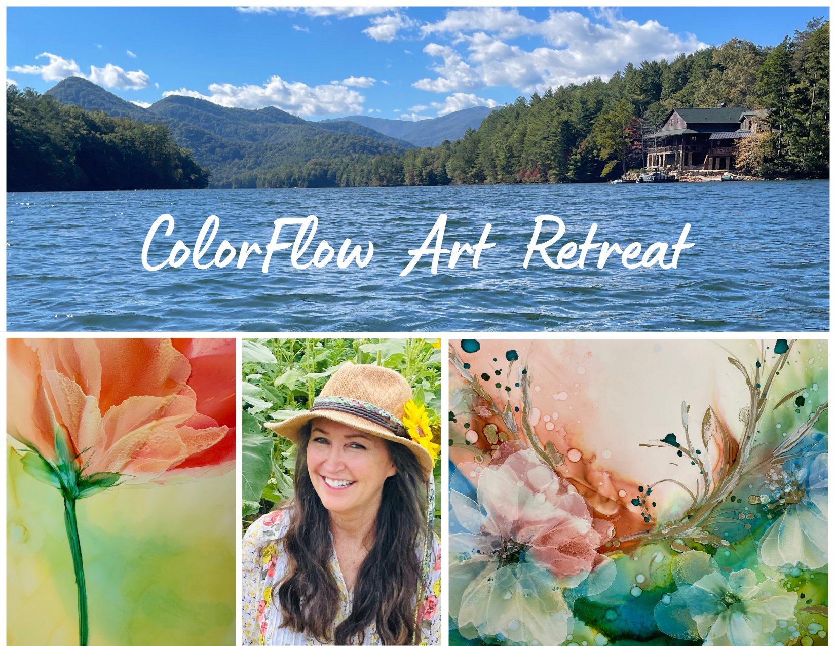 A promotional flyer for a ColorFlow Art Retreat featuring a scenic lake surrounded by mountains and trees, a photo of a smiling woman with long dark hair and a sunhat, and two abstract watercolor flower paintings.