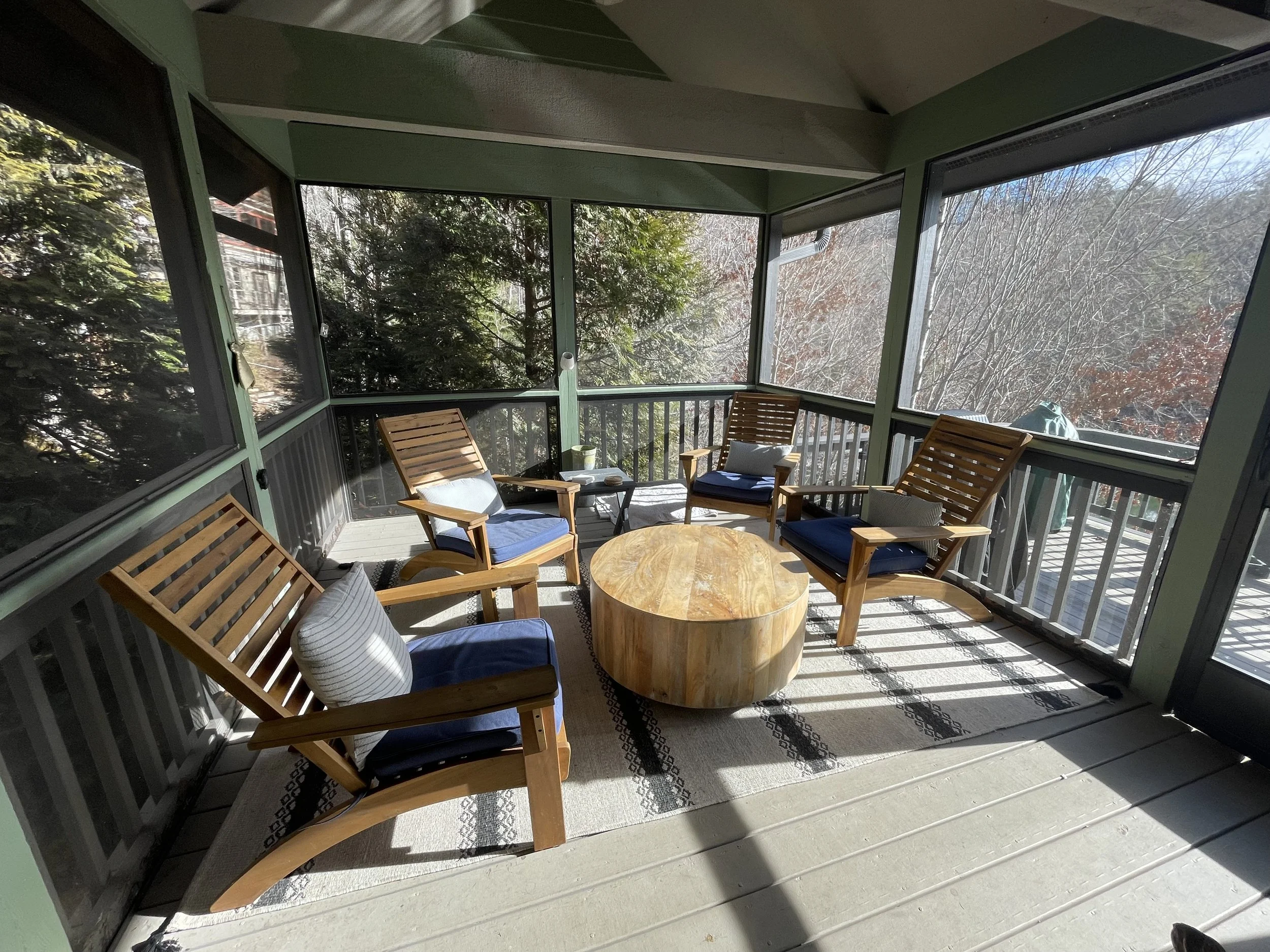 Sunlit screened porch with four wooden chairs with blue cushions, a round wooden coffee table, striped pillows, a small side table, and a rug, overlooking trees and neighboring houses.