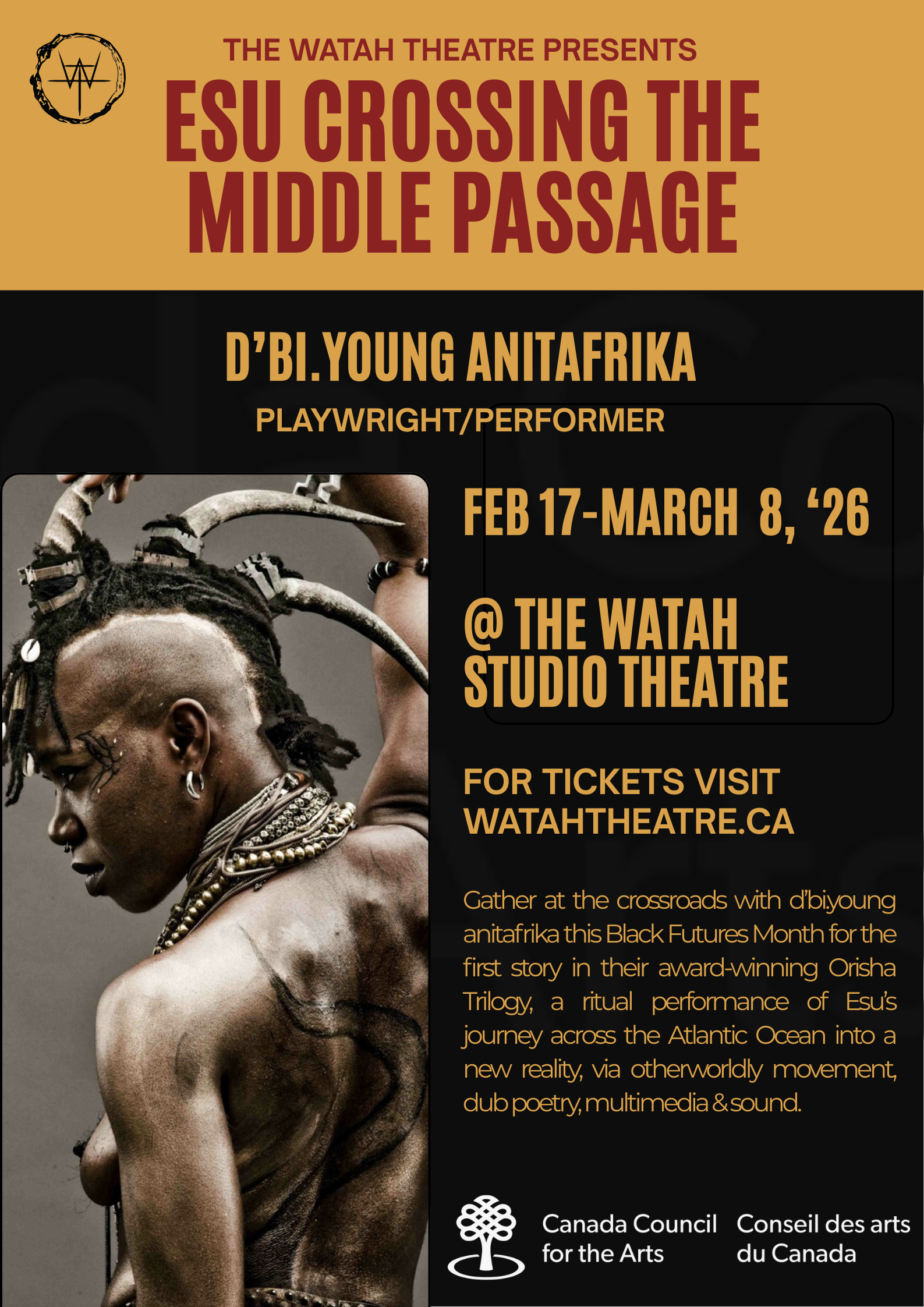 d'bi.young anitafrika stands in profile looking to the left with their right hand on a prosthetic horn at the front of their head. They are adorned in African jewels.