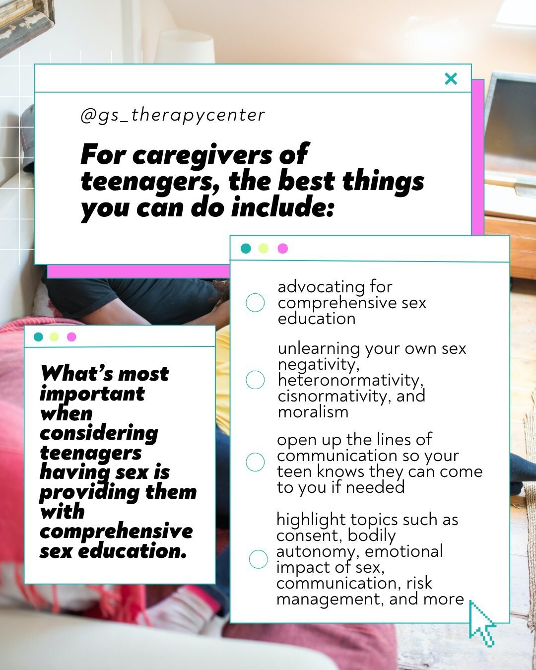 If you don&rsquo;t feel prepared to have those conversations as a caregiver, you can consult with s3x educators and s3x therapists who can help you unlearn what you don&rsquo;t want to pass down, create age appropriate scripts for communicating with 
