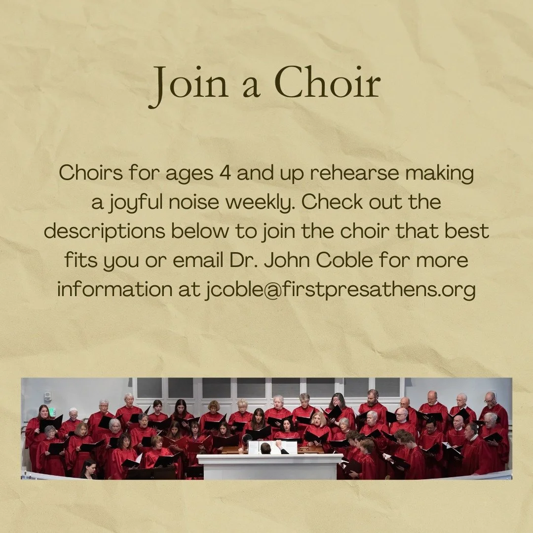 First Presbyterian Church enjoys a long and outstanding tradition of great music. Opportunities are available for all ages.
 
Chancel Choir (college and above) 
Rehearsals: Wednesdays, 6:30-8:00 p.m. in the Music Suite. 

Youth Choir (grades 6-12) 
R