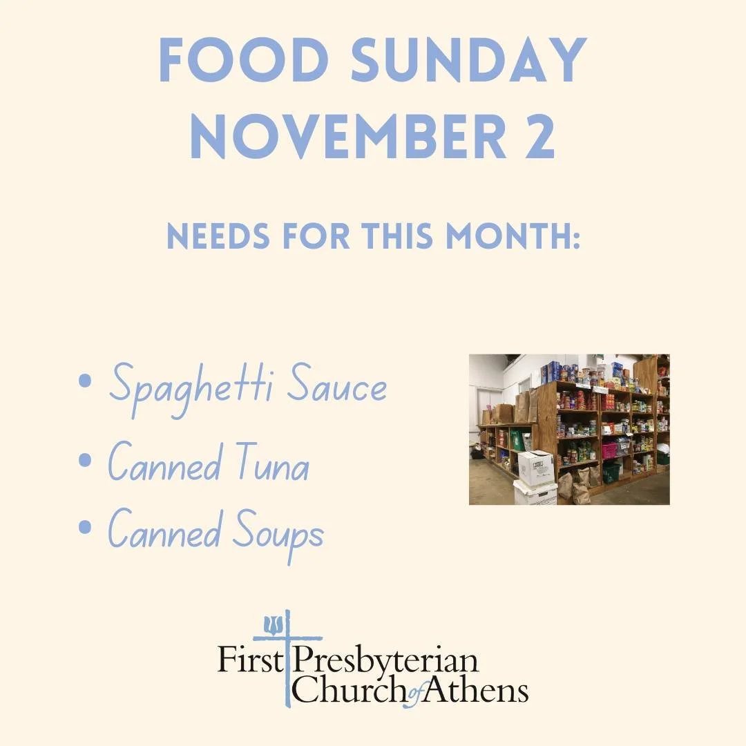Food Sunday November 2

You may bring donations of spaghetti sauce, canned soups, and canned tuna to church on Sunday, November 2. You may also bring items to the church office until Friday, October 31. Our neighbors in need are very grateful for you