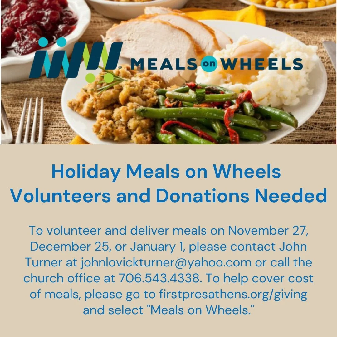 Holiday Meals on Wheels - Few Spots Left!!!

Every Thanksgiving, Christmas Day, and New Year&rsquo;s Day volunteers from First Presbyterian Church deliver nutritional meals to homebound seniors. FPC also pays for the meals on these three days. The co