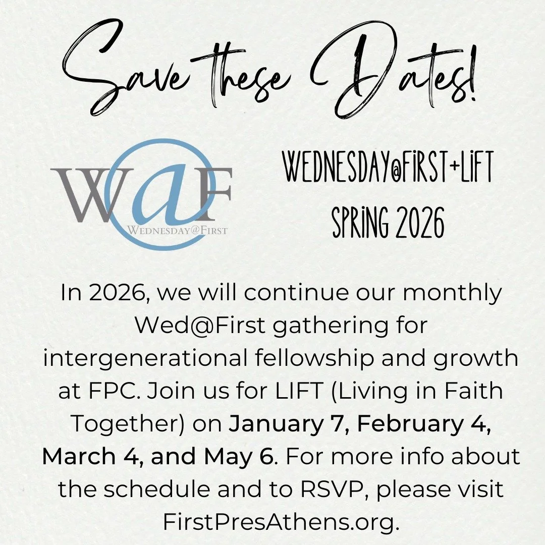 Wednesday@First Spring 2026

Everyone is invited to participate in LIFT our program that combines dinner, study, play, and prayer with our church friends of all ages. LIFT stands for Living in Faith Together and one of the great gifts unique to the c