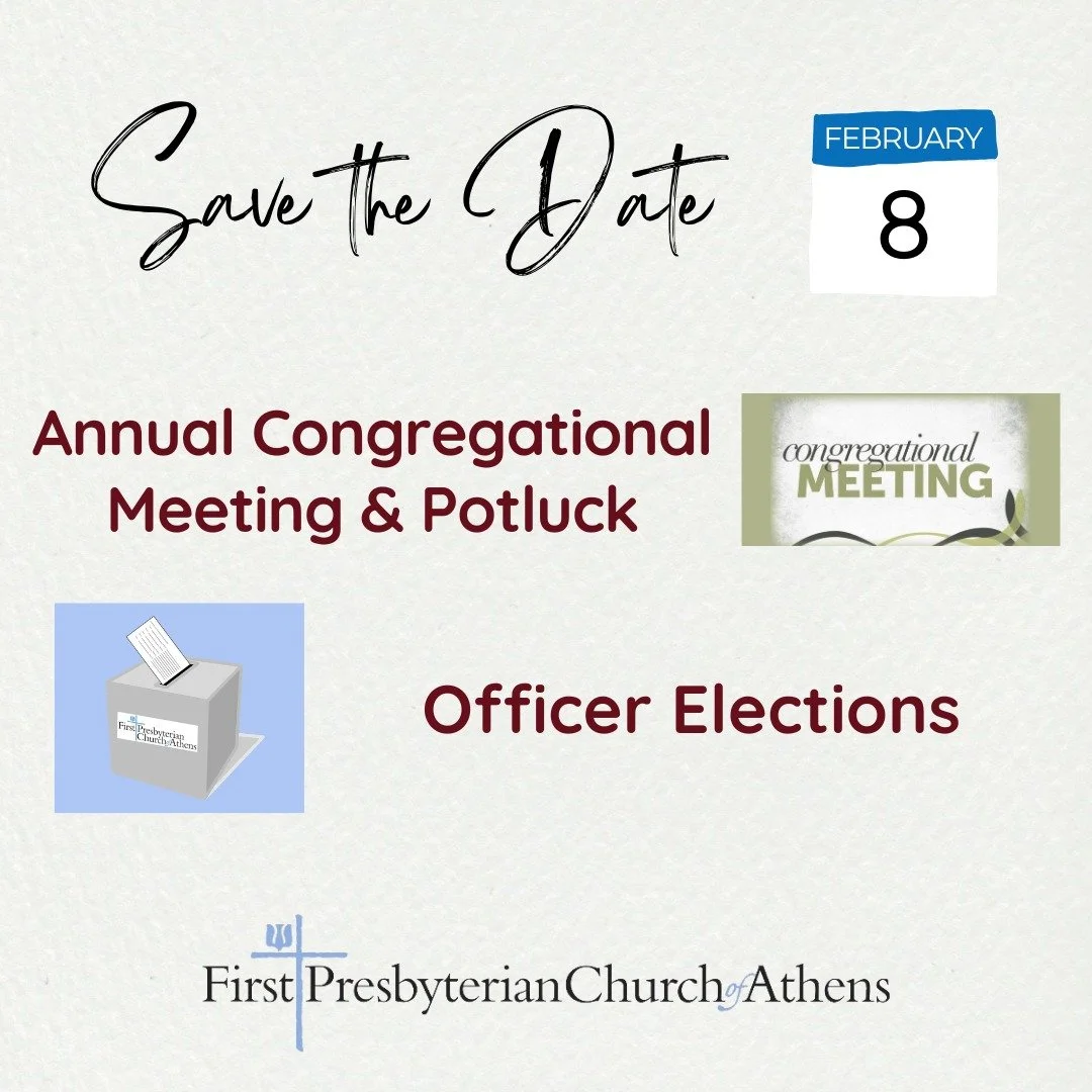 Save the Date
Sunday, February 8

Annual Congregational Meeting &amp; Church Potluck
Sunday, February 8, 12:15 p.m.

Please join us in Fellowship Hall for our Annual Congregational Meeting today following the 11:00 a.m. service. We will receive the A