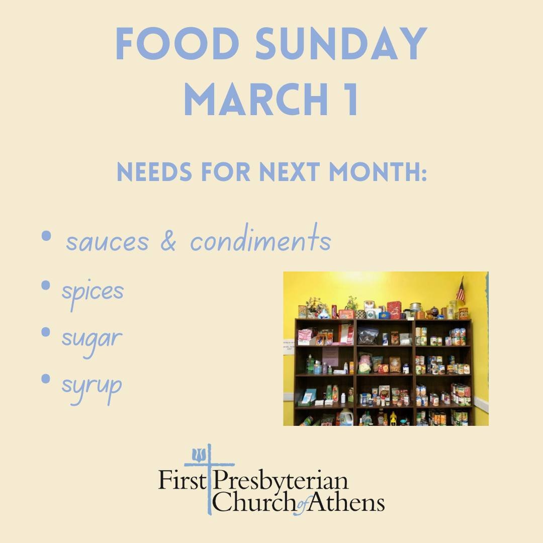 Food Sunday, March 1

You may bring donations of sauces &amp; condiments (ketchup, mayonnaise, mustard, bbq sauce, salad dressings, hot sauce, etc.), spices, sugar, and syrup to church on Sunday, March 1. You may also bring items to the church office