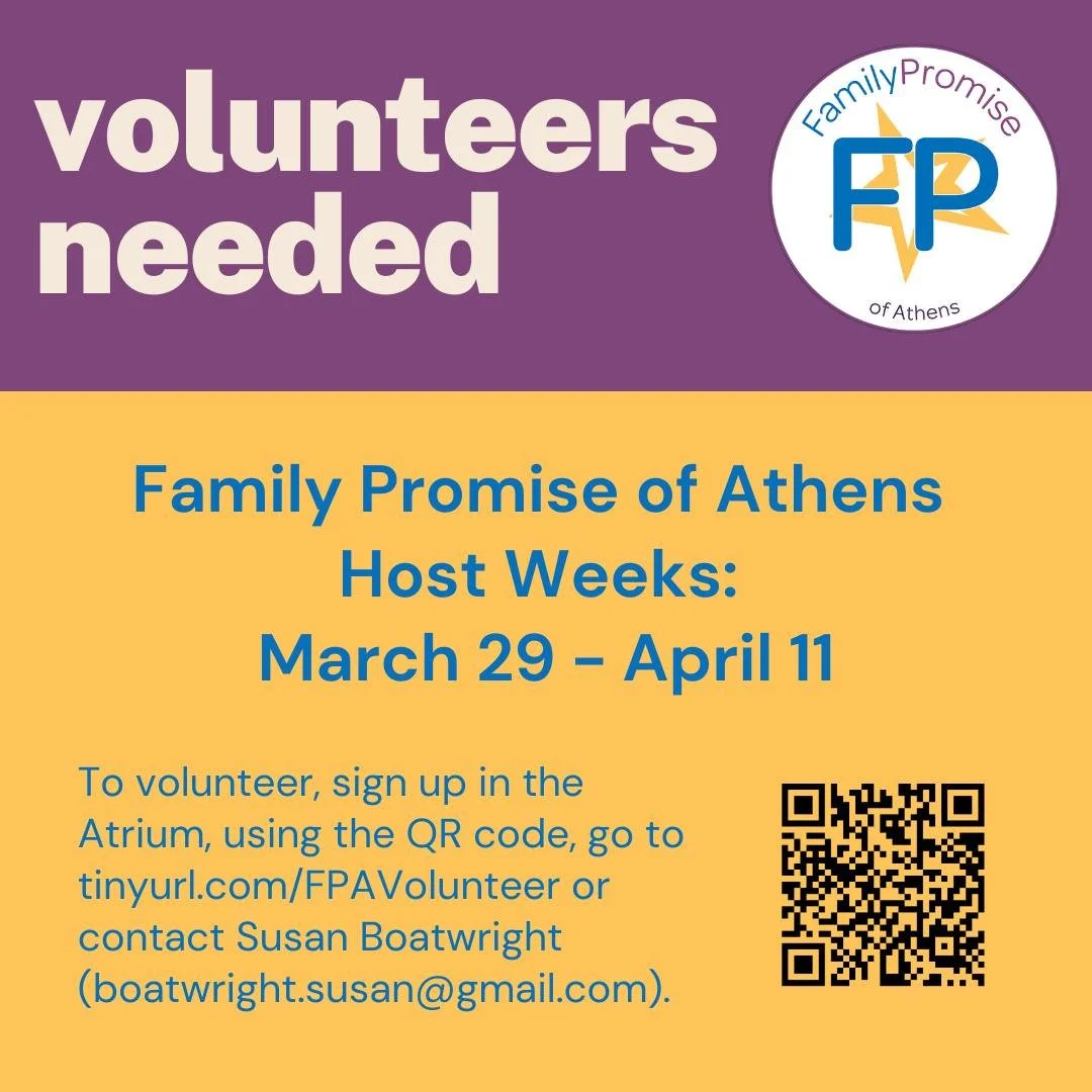 Family Promise Host Weeks

FPC will host Family Promise from March 29th through April 11th. Volunteers directly support families by providing a meal or by making a $25 donation (to First Pres with "Family Promise" in the memo) to purchase g