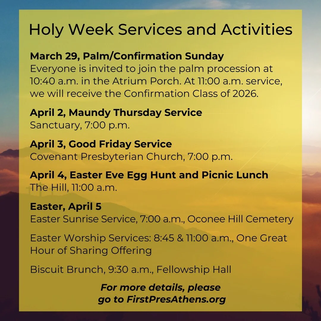 Holy Week Services and Activities

Maundy Thursday, April 2, Service at 7:00 p.m., Sanctuary
We will recall the night of Jesus&rsquo; arrest and celebrate the sacrament of Holy Communion.

Good Friday Service, April 3, Covenant Presbyterian Church, 7