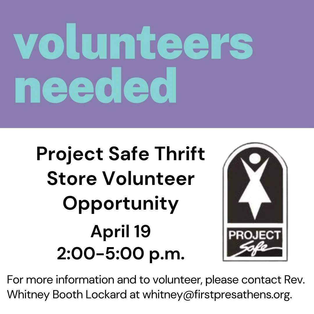Project Safe Workday
April 19, 2:00-5:00 p.m.

Join us to support Project Safe by helping to sort clothes, clean shelves, and tidy up the thrift store. Project Safe works to end domestic violence through crisis intervention, supportive services, advo