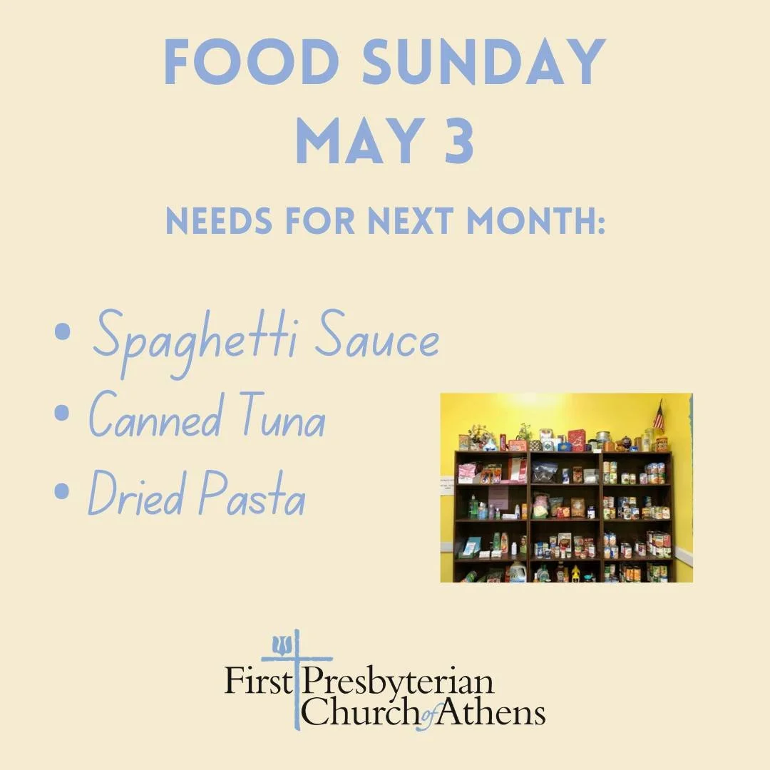 Food Sunday, May 3

You may bring donations of spaghetti sauce, canned tuna, and dried pasta to church on Sunday, May 3. You may also bring items to the church office until Friday, May 1. Our neighbors in need are very grateful for your donations! Ma