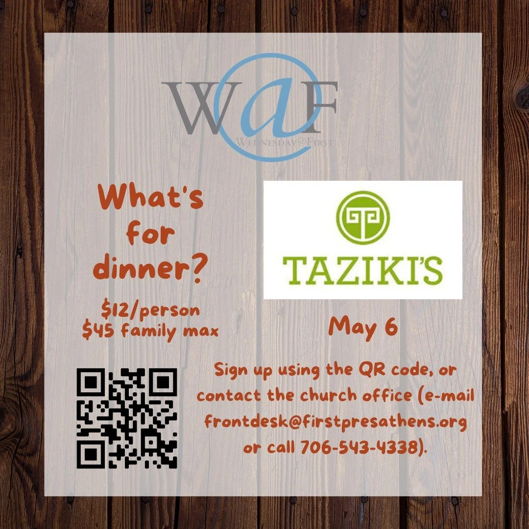 Wednesday@First + LIFT - May 6 - Taziki's

Everyone is invited to participate in LIFT, our program that combines dinner, study, play, and prayer with our church friends of all ages. LIFT stands for Living in Faith Together and one of the great gifts 